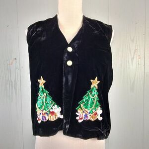 Vintage Velour Christmas Vest‎ Womens Large Cropped Black Sequin Trees Gaudy 80s